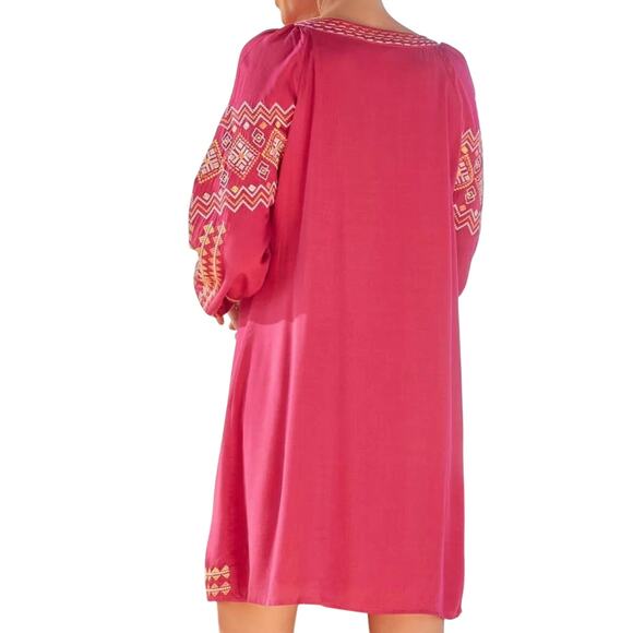 Savanna Jane Bright Pink Embroidered Long Sleeve Mini Western Shift Dress - Picture 2 of 13